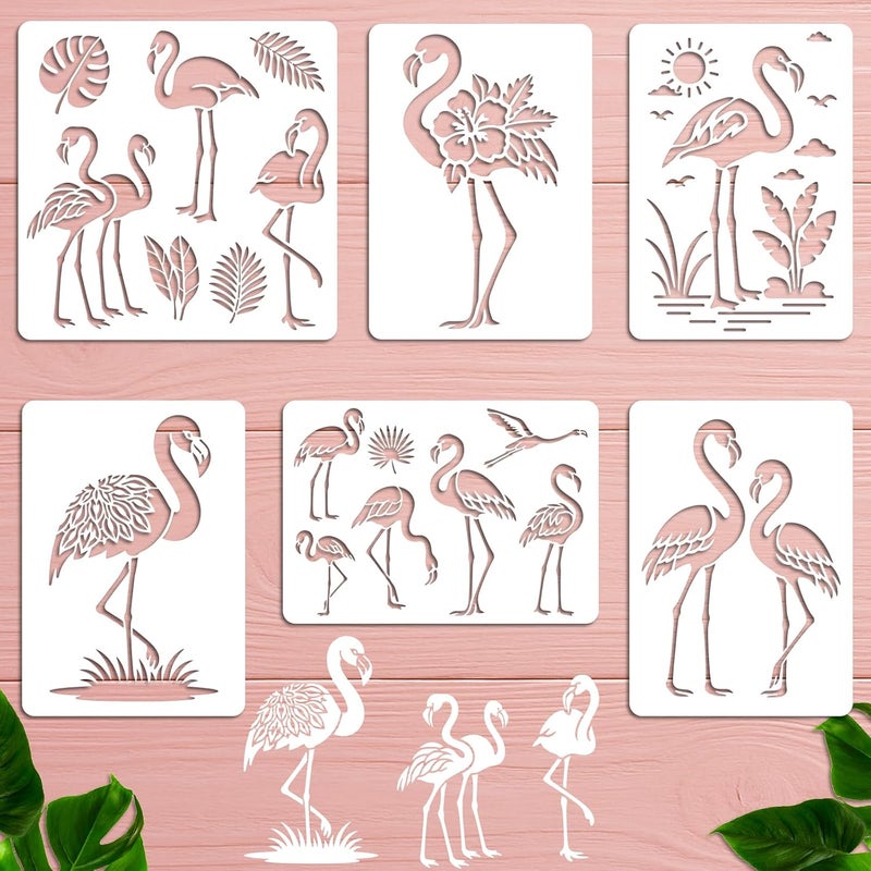 beinkmake 6Pcs Flamingo Stencil PET Painting Templates Drawing Inlay Border Stencils for Furniture Reusable DIY Craft for Wall Wood Fabric Canvas Paper Home Decor 11.7inch - Image 1